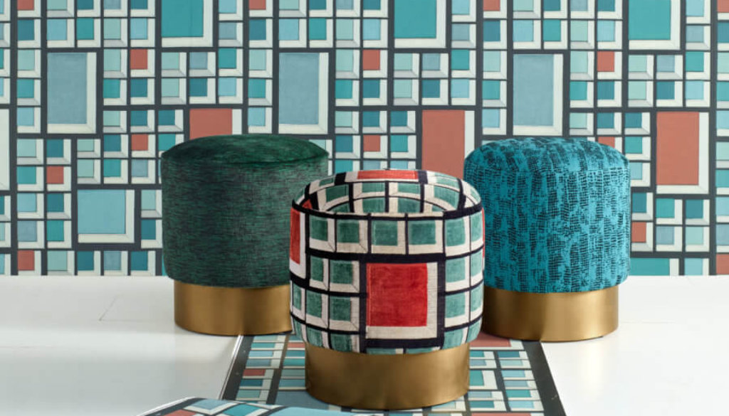 Groundworks_ Kelly Wearstler_ Theo Stools and Rarity Wallpaper