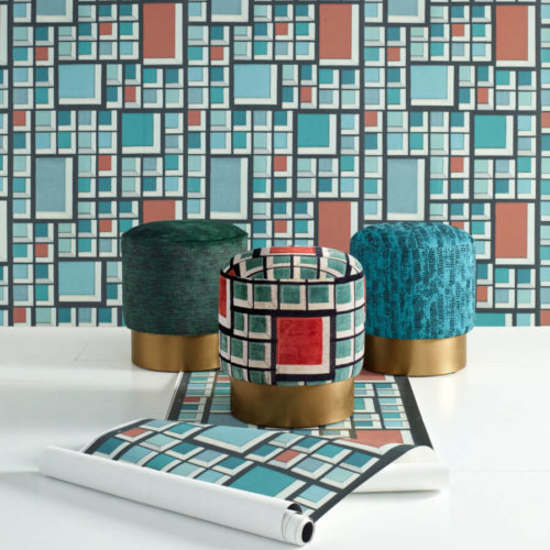 Groundworks_ Kelly Wearstler_ Theo Stools and Rarity Wallpaper